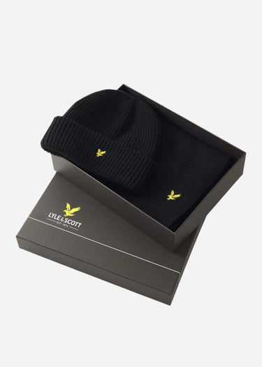 Lyle & Scott Sjaals Lambswool ribbed beanie scarf set - jet black
