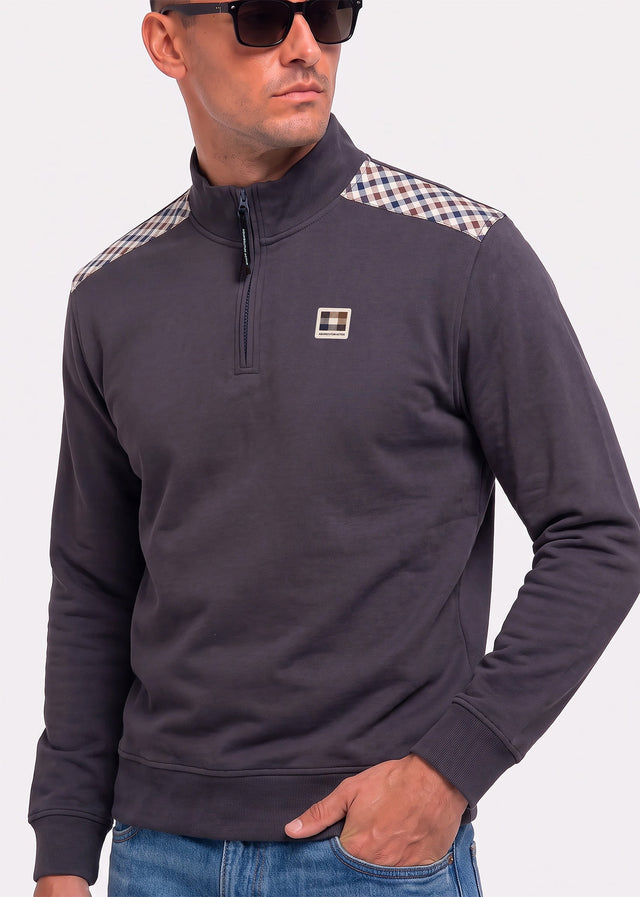 Aquascutum Sweaters Check shoulder quarter zip fleece - black