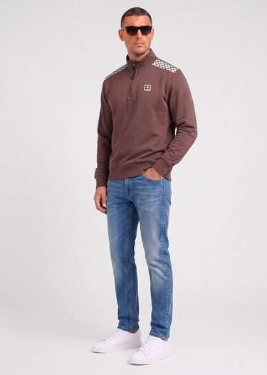 Aquascutum Sweaters Check shoulder quarter zip fleece - chocolate