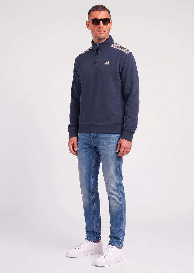 Aquascutum Sweaters Check shoulder quarter zip fleece - navy