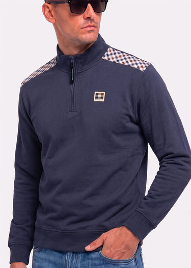 Aquascutum Sweaters Check shoulder quarter zip fleece - navy