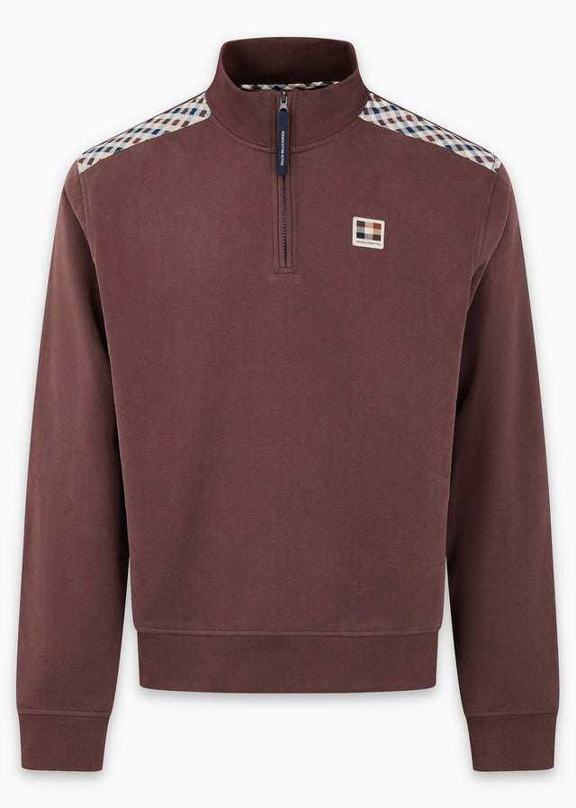 Aquascutum Sweaters Check shoulder quarter zip fleece - chocolate