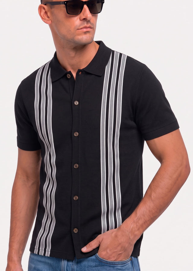 Ben Sherman Polos Birdseye stripe button through polo - black