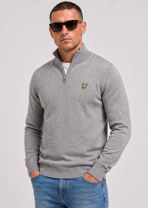 Cotton merino quarter zip jumper - mid grey marl