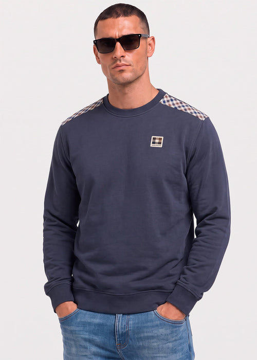 Check shoulder crewneck fleece - navy