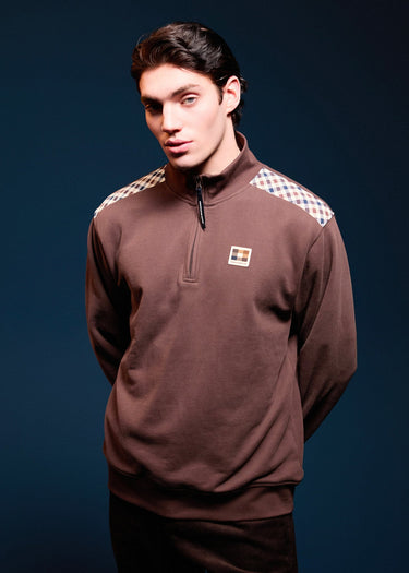 Aquascutum Sweaters Check shoulder quarter zip fleece - chocolate