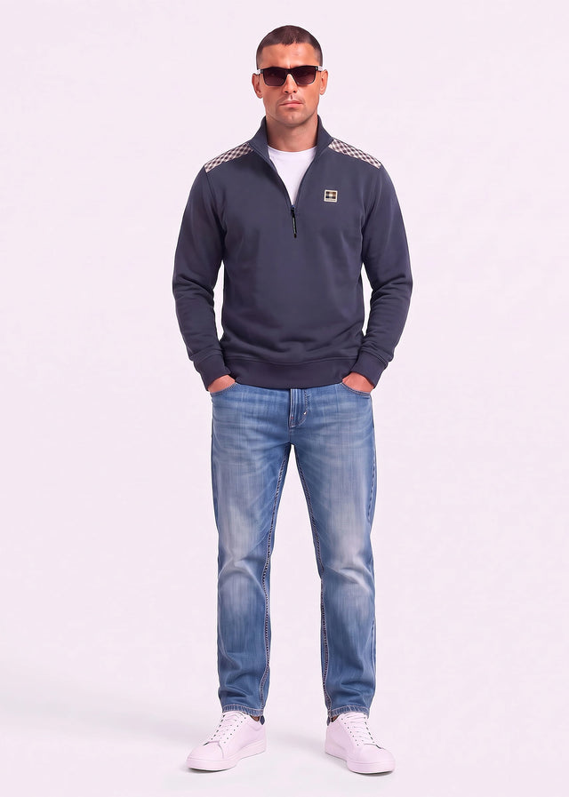 Aquascutum Sweaters Check shoulder quarter zip fleece - navy