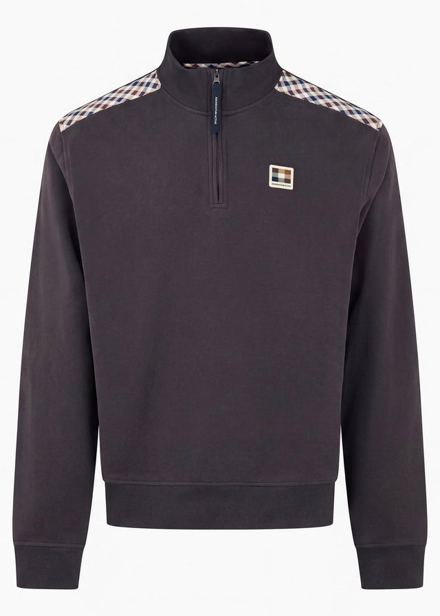 Aquascutum Sweaters Check shoulder quarter zip fleece - black