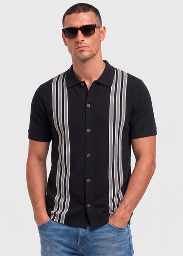 Ben Sherman Polo's Birdseye stripe button through polo - black