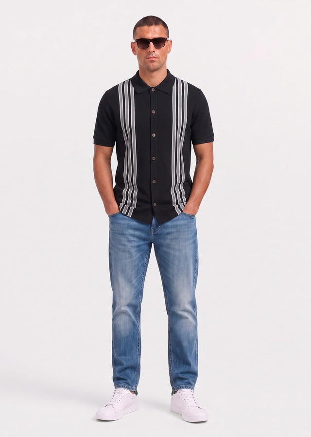 Ben Sherman Polos Birdseye stripe button through polo - black