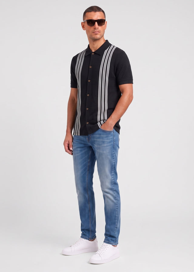 Ben Sherman Polos Birdseye stripe button through polo - black