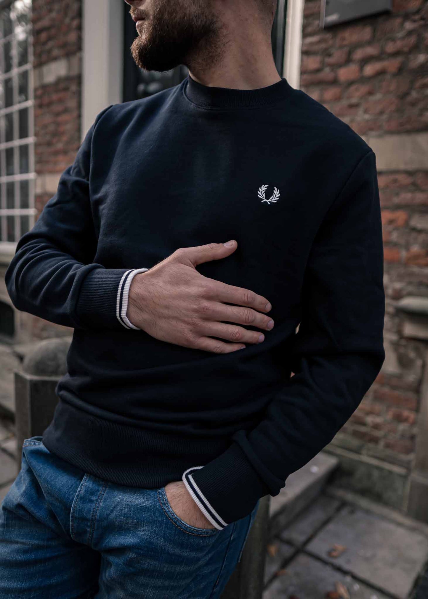 fred perry crew neck sweater navy trui